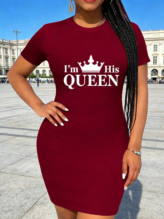 Women's Casual 'I'M HIS QUEEN' Theme Letter and Geometric Pattern Print Long-Sleeved T-Shirt Dress - Round Neck Short Sleeves, L
