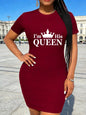 Women's Casual 'I'M HIS QUEEN' Theme Letter and Geometric Pattern Print Long-Sleeved T-Shirt Dress - Round Neck Short Sleeves, L