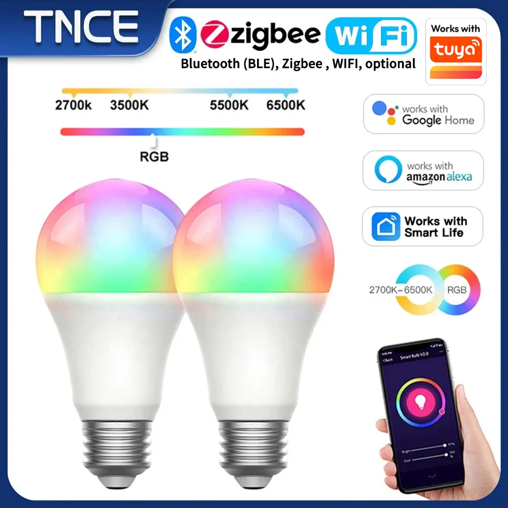 TNCE Tuya E27 Bulb Bluetooth/WIFI/Zigbee, Dimmable Light LED lamp 2700-6500k RGB, Smart Life APP, Voice with Alexa Google Home