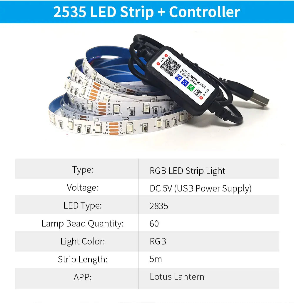 5M USB Led Strip Lights RGB 2835 60 LED Bluetooth APP Control Luces Led Flexible Diode Decoration For Living Room Lamp Ribbon