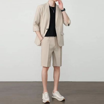 KIDWHXR Summer Men Outfit Thin Breathable Solid Color Male 2-piece Suit Set Loose Business Casual Man Short Sleeve Suits