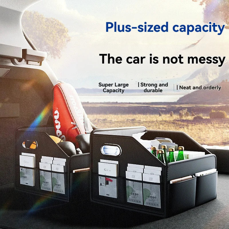 ZukMi Premium Leather Foldable Car Trunk Organizer - Waterproof Universal Storage Box for SUVs, Sedans & Trucks (22.5L Capacity)