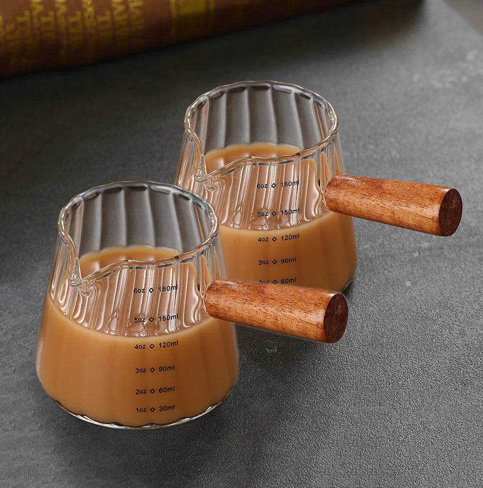 180ML Wood Handle Glass Espresso Measuring Cup Coffee Extraction Cup with scale High Temperature Resistance Milk Jug Measure Mug