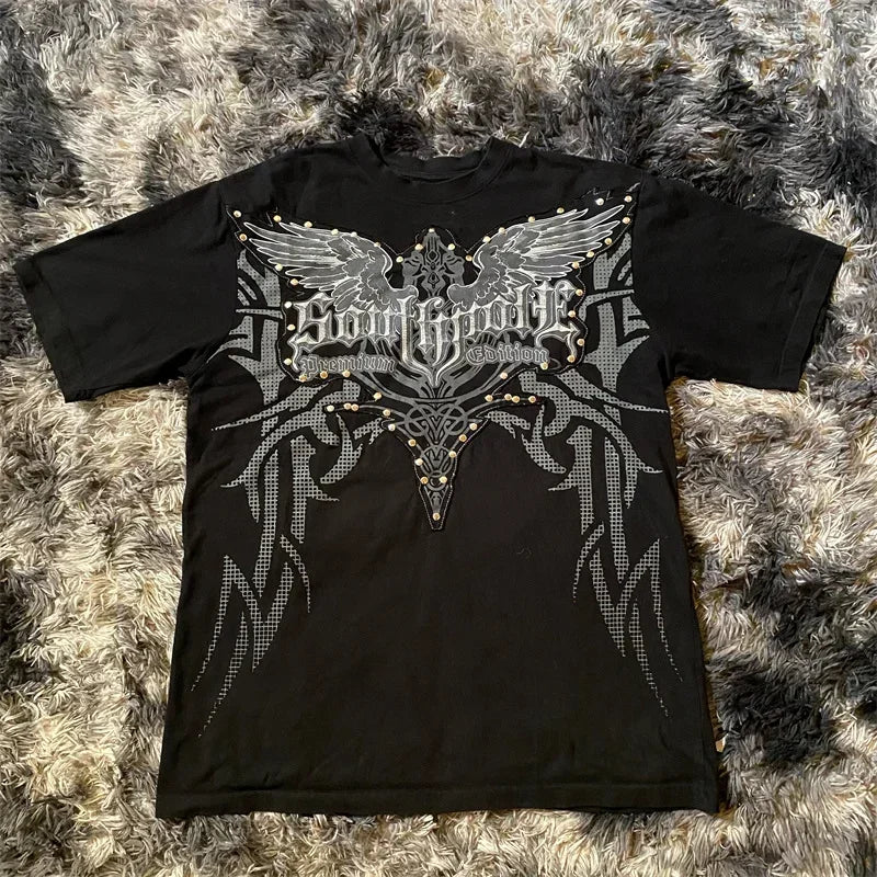 imited Stock Men's Harvester Skull T-Shirt Gothic Wings Cross Print  Vintage Streetwear Soft Breathable FabricL