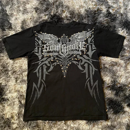 imited Stock Men's Harvester Skull T-Shirt Gothic Wings Cross Print  Vintage Streetwear Soft Breathable FabricL