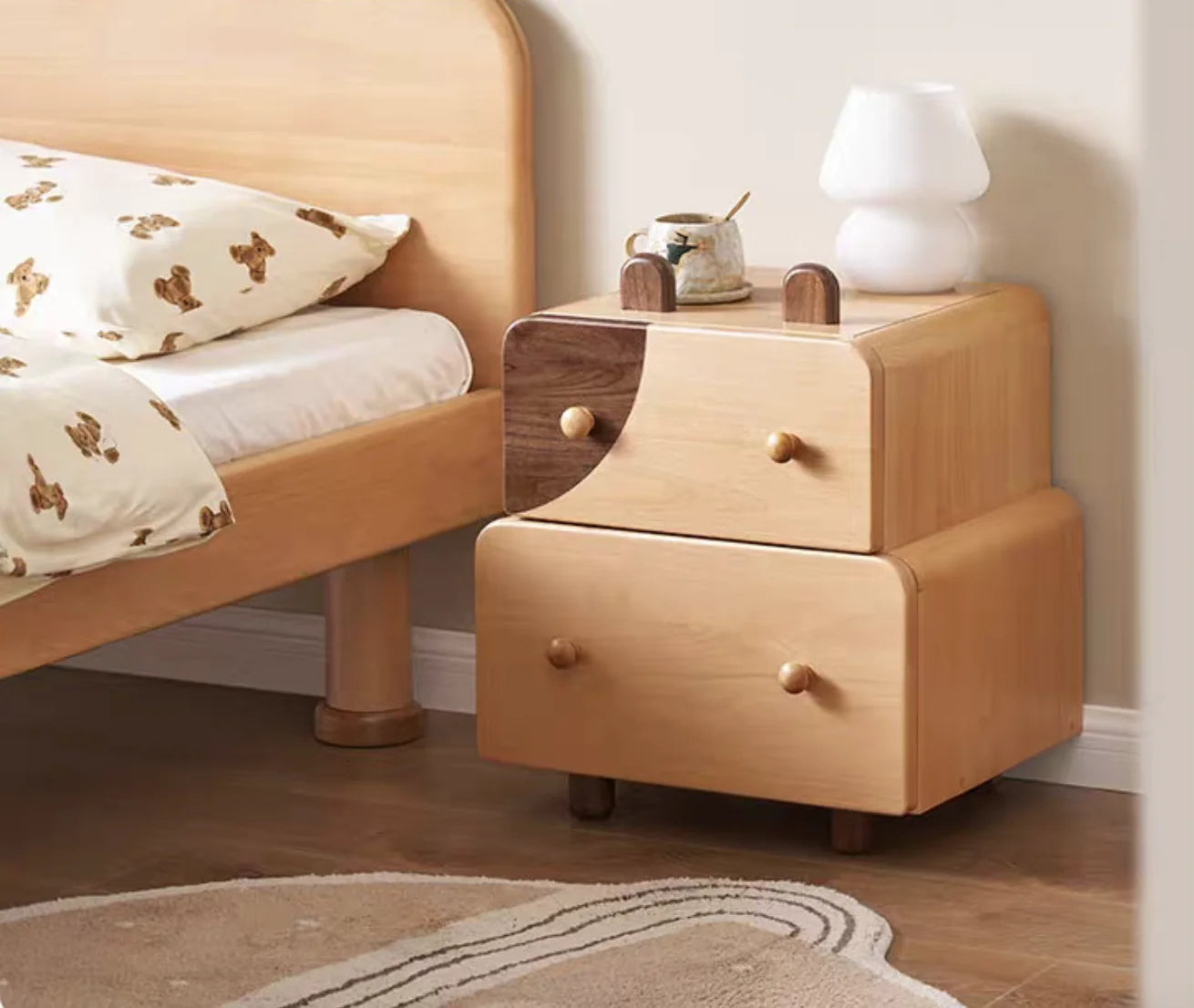 E2022 Beech Wood 2 Drawer Cartoon Kid Bedstand Children Nightstand Boy Bedside Table Girl Night Tables