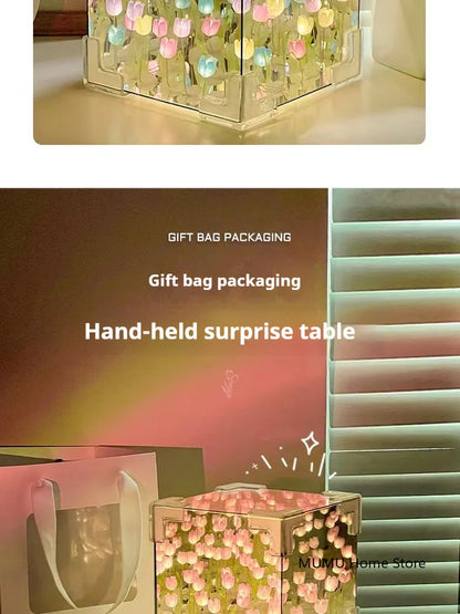 DIY 3D Cloud Tulip LED Night Light Flower Sea Mirror Table Lamps Cube Mirror Atmosphere Night Light Bedroom Decor Table Lamp
