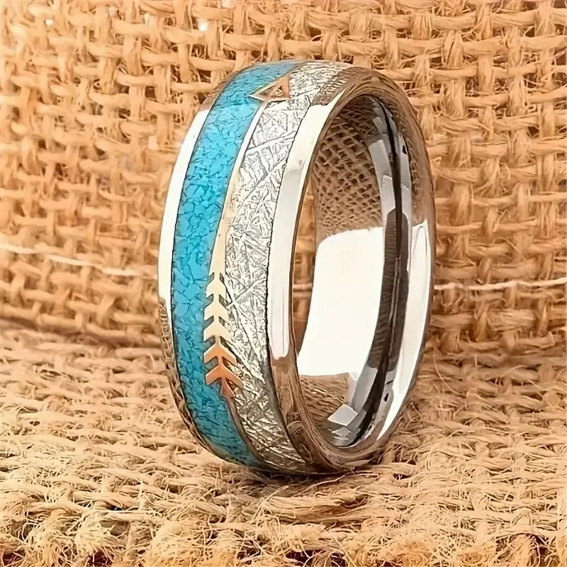 Fashion 8mm Rose Gold Color Stainless Steel Guitar String Rings for Men Koa Wood Inlay Ring Whiskey Barrel Mens Wedding Band