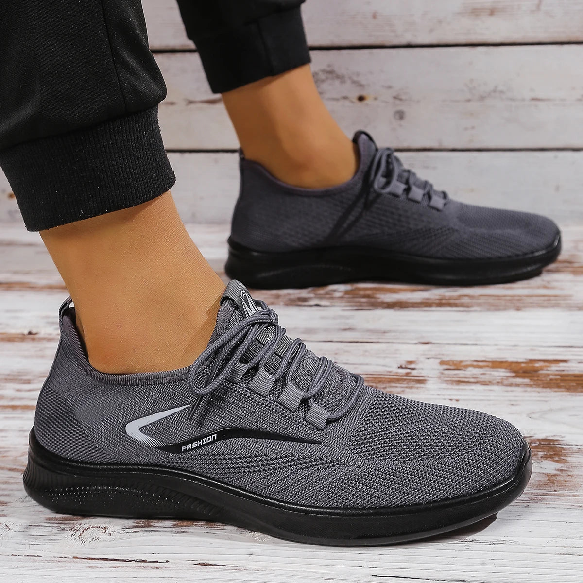 Men Breathable Knitted Running Shoes Anti Slip Trainers Arch Support Shock Absorbing EVA Sole Low Top Lace Up Sports Footwear