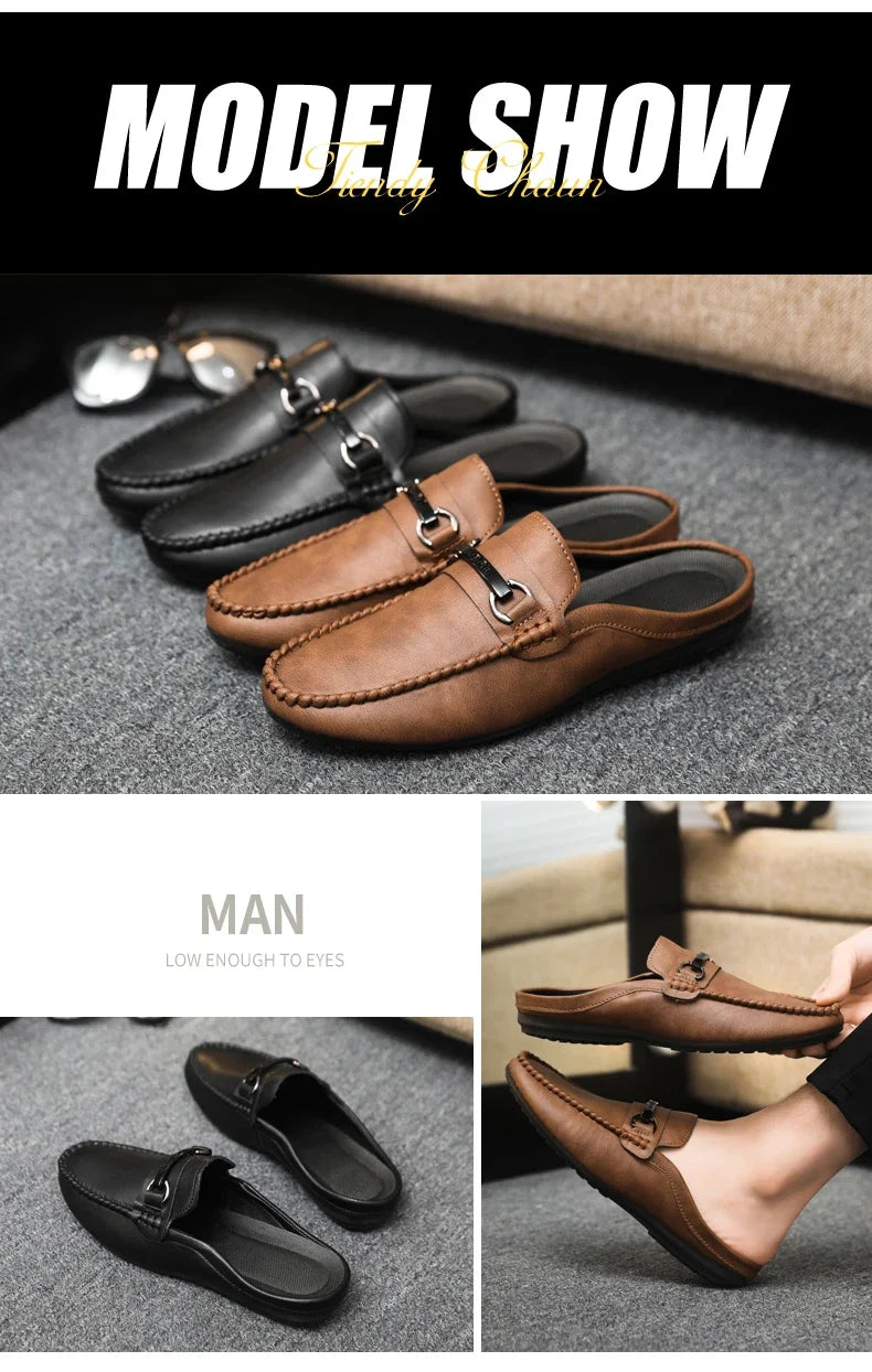 Summer Half Shoes For Men Comfortable Leather Casual Shoes Soft Flat Men's Loafers Lightweight Slip-on Shoes Man Daily Slippers