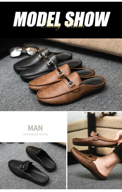 Summer Half Shoes For Men Comfortable Leather Casual Shoes Soft Flat Men's Loafers Lightweight Slip-on Shoes Man Daily Slippers