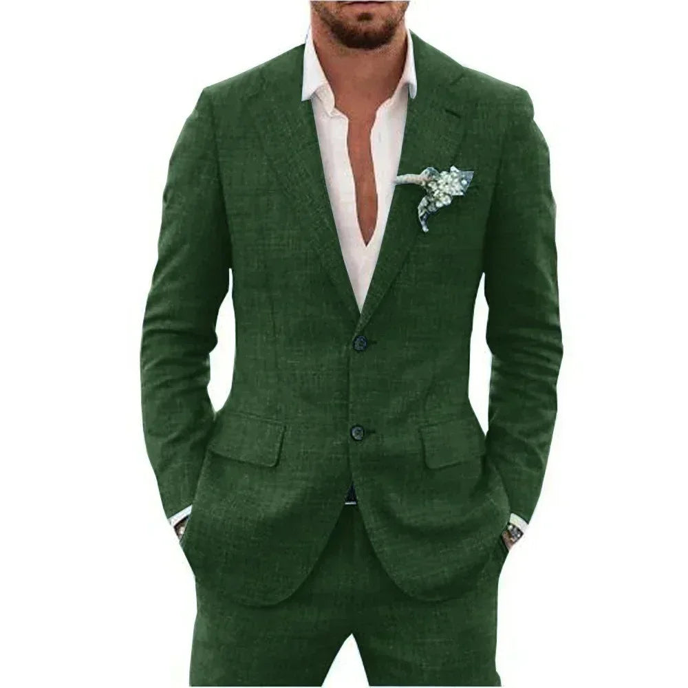 Sky Blue Linen Causal Men Suits for Beach Party Business Two Pieces Wedding Tuxedos Set Notched Lapel Suit Jacket Pants