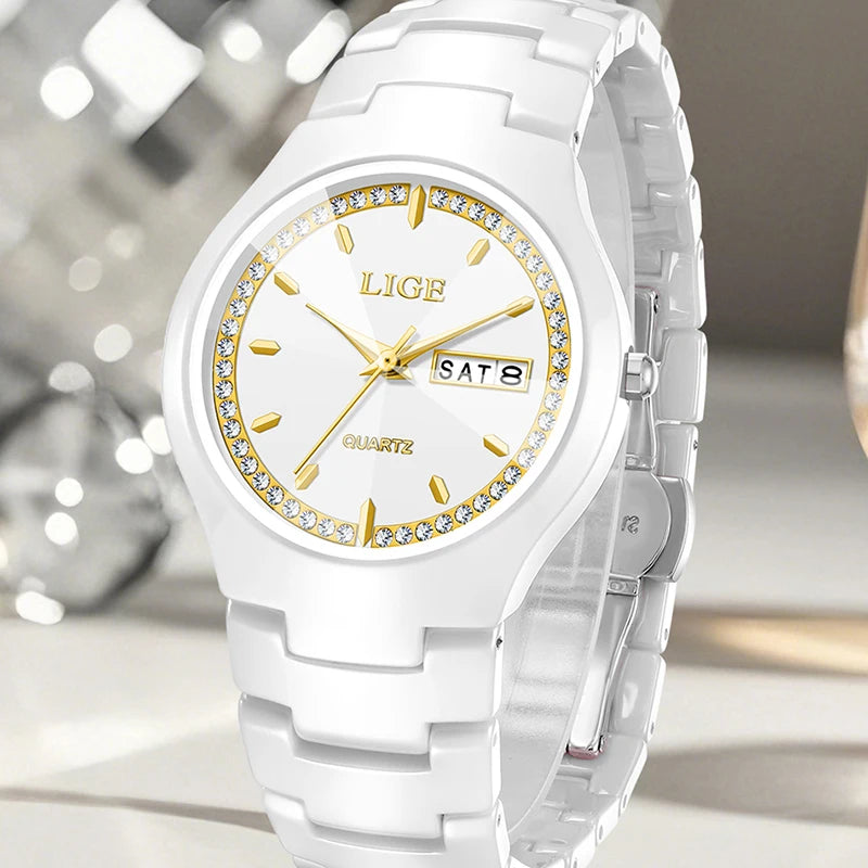LIGE Women's wristwatch elegant women's watch ceramic quartz waterproof clock week calendar fashion Watch for Women reloj mujer