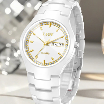 LIGE Women's wristwatch elegant women's watch ceramic quartz waterproof clock week calendar fashion Watch for Women reloj mujer