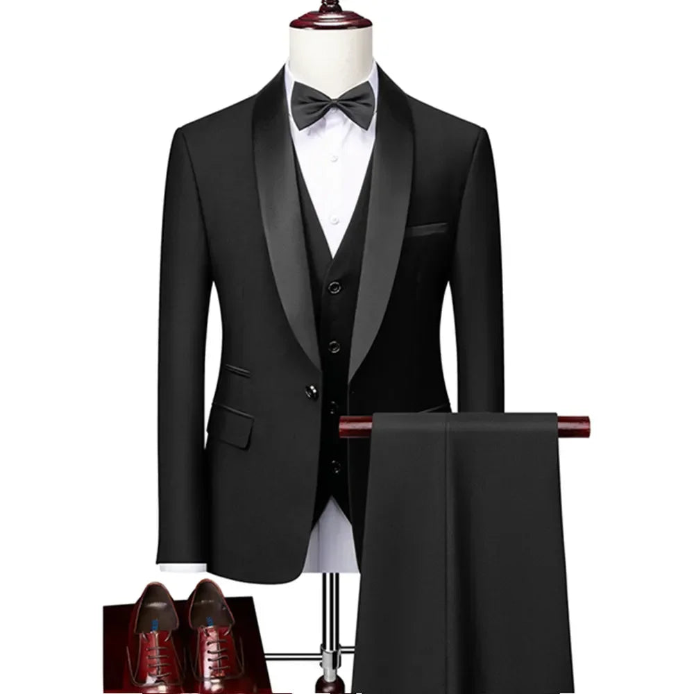 ( Jacket + Vest + Pants ) Men's 3 Piece Tuxedo Suit Set, Beige Blazer with Black Shawl Lapel for Wedding, Groom, Formal Party