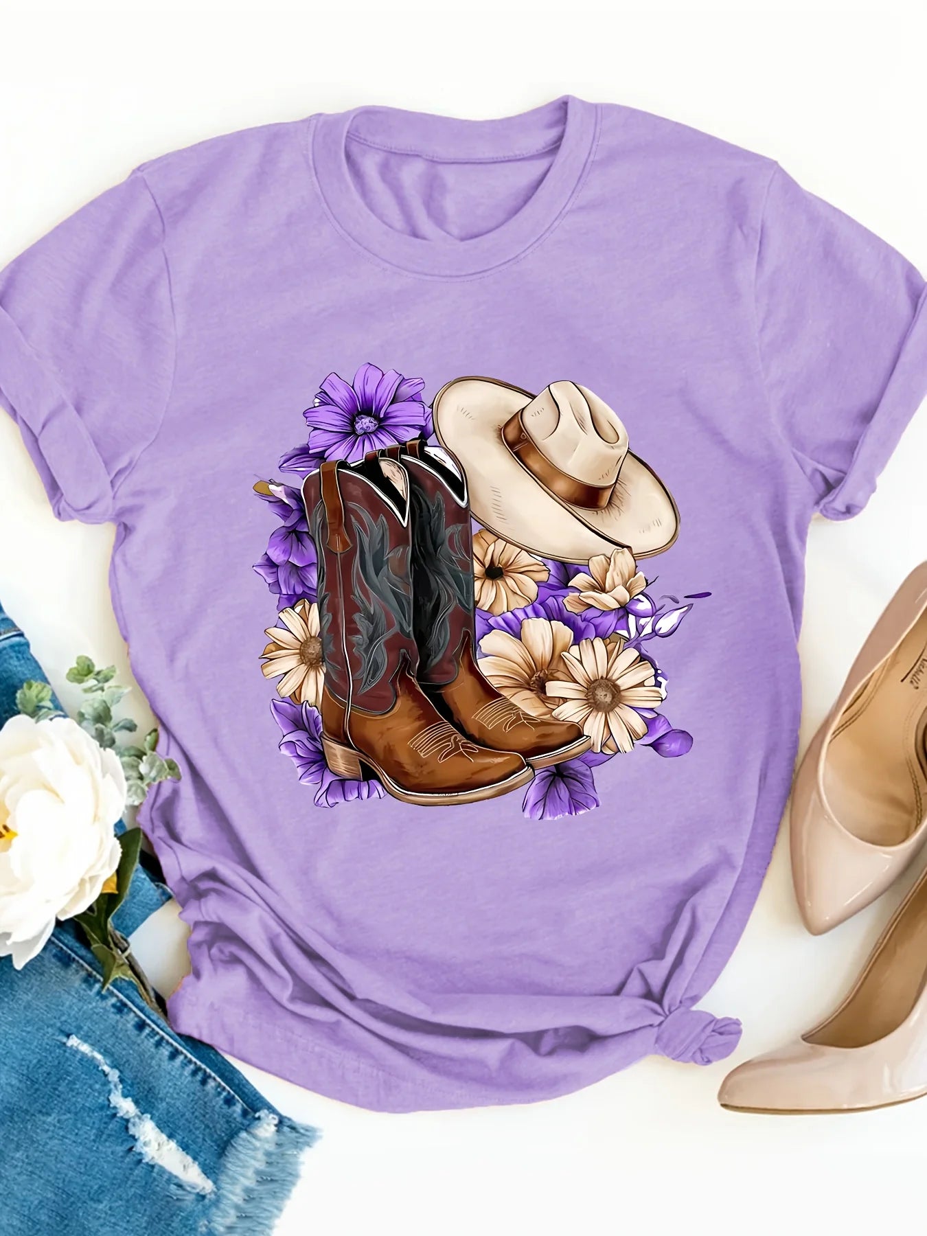 Floral Cowboy Boots Women's Tee - Western Style Graphic, Country-Inspired Print for Casual Daily Wear