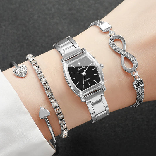 4PCS/Set Fashion Women Watches Elegant Silver Alloy Strap Quartz Wristwatch Rhinestone Bracelets Set Reloj Mujer(Without Box)