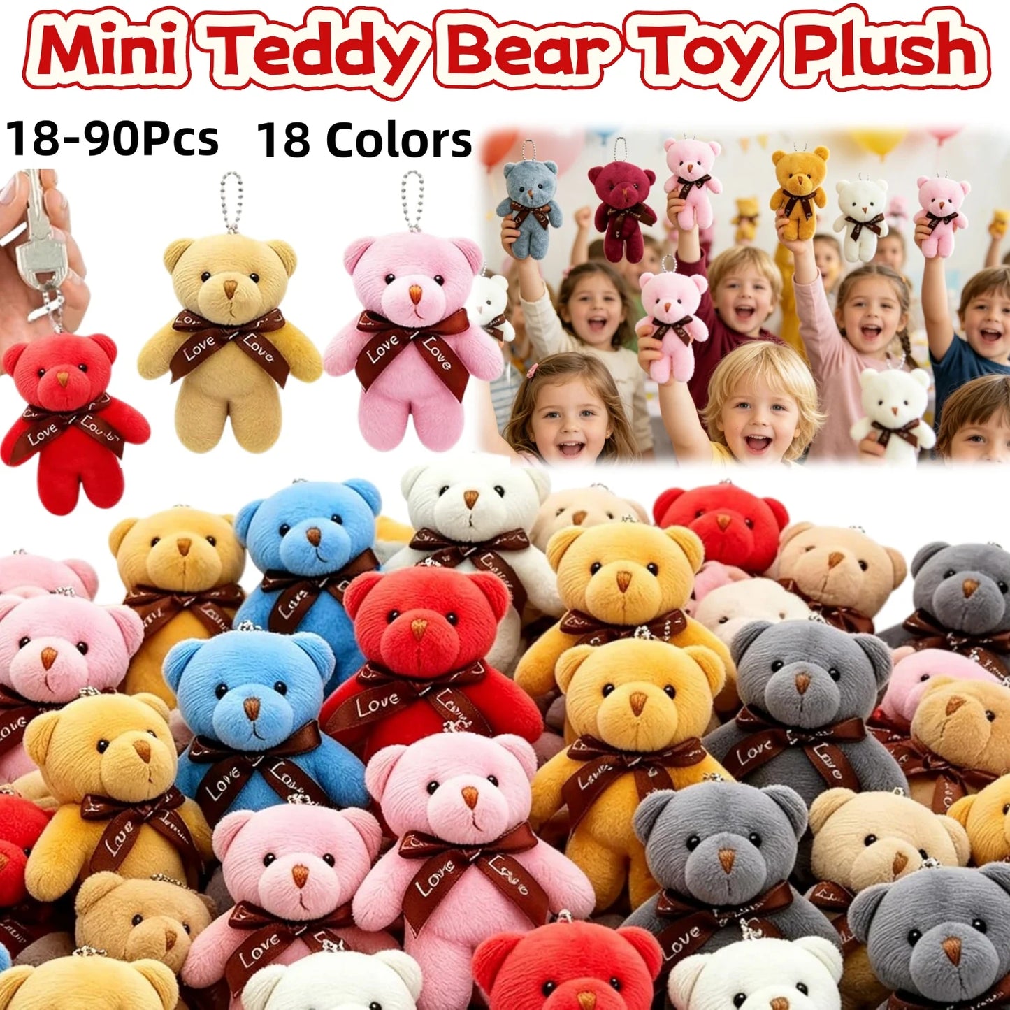 18-90Pcs Mini Teddy Bear Toy Plush Stuffed Bear Doll for Keychain Craft DIY Accessory Birthday Gifts Party Favors Supplies 4.7in
