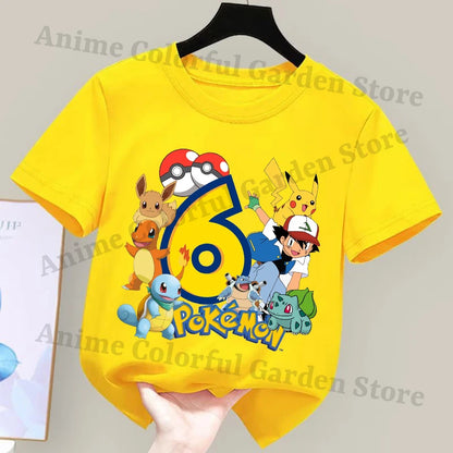 Anime Pokemons Number Printed T-shirts for Boys Girls Pikachu Cartoon Cute Short-sleeved Top Children Summer Fashion T-shirt