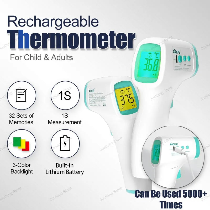 JUSTLANG Rechargeable Thermometer LCD ℃℉ Infrared Medical Forehead Thermometer Non Contact Body Temperature Fever Baby Adult