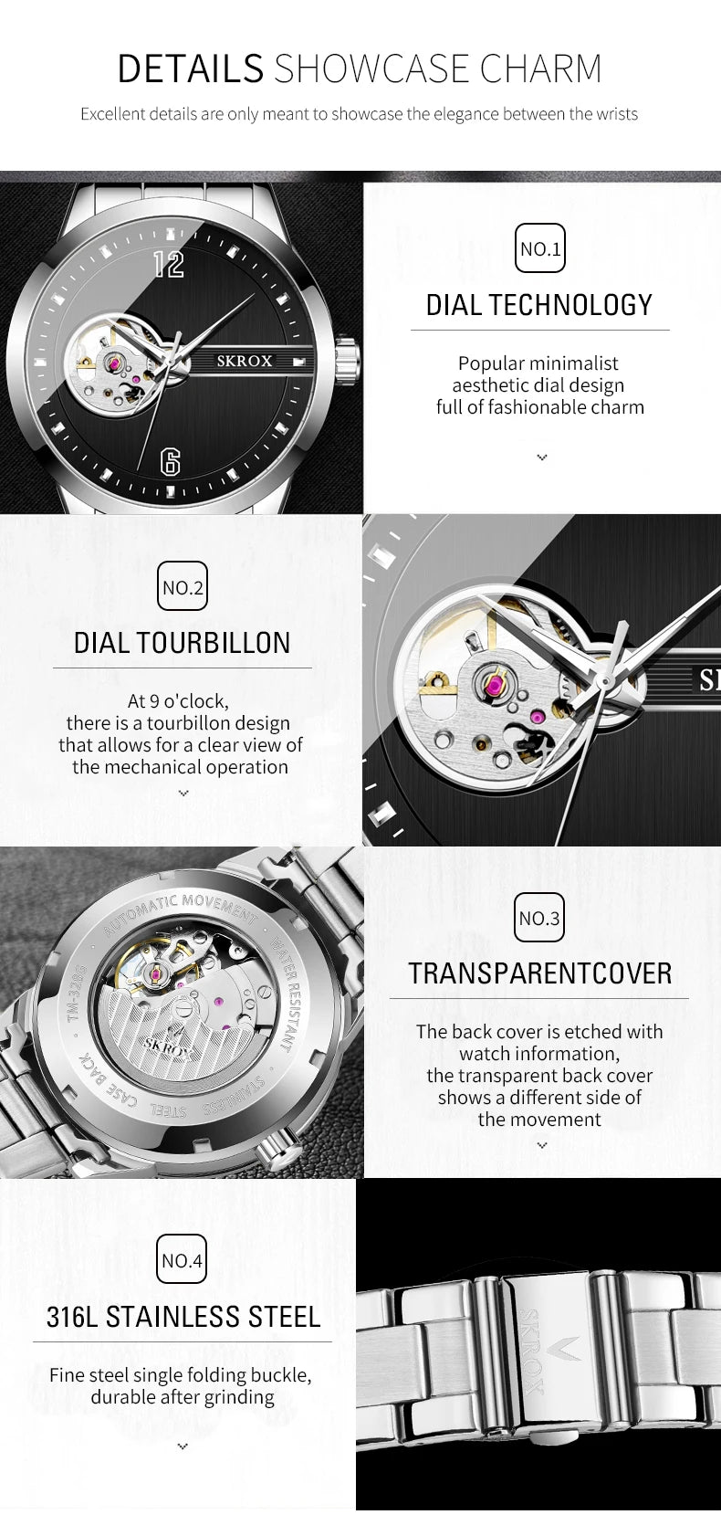 SKROX Original Luxury Brand Waterproof Tourbillon Automatic Clock Steel Skeleton Mechanical Man Watch Business Male Wristwatches