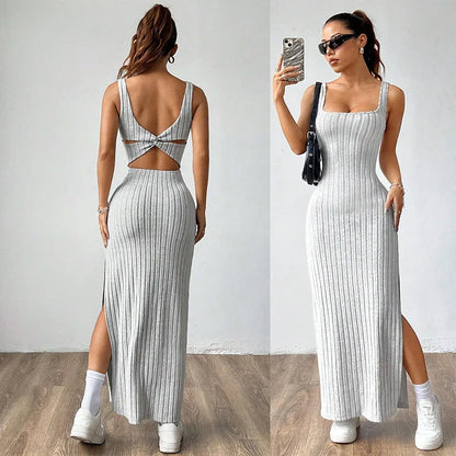 Elegant Slim Knitted Dresses Women New Sexy Hollow Out Backless Bodycon Long Dress Streetwear Fashion Casual Solid Lady Dress