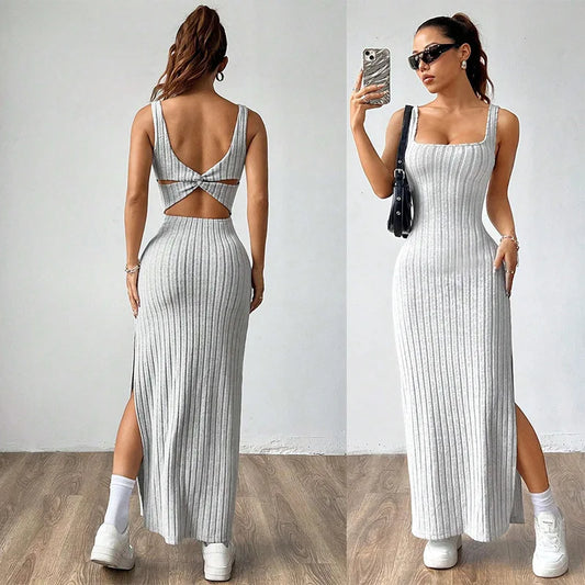 Elegant Slim Knitted Dresses Women New Sexy Hollow Out Backless Bodycon Long Dress Streetwear Fashion Casual Solid Lady Dress