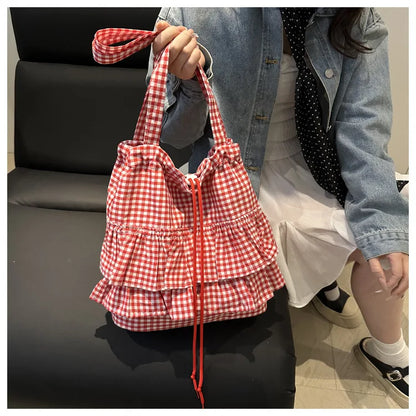 Cute Plaid Cotton Tote Bag Large Capaci Lace Trim Women's Summer 2026 Simple Lady Handbag Soft Shoulder Bags Bolsa Feminina