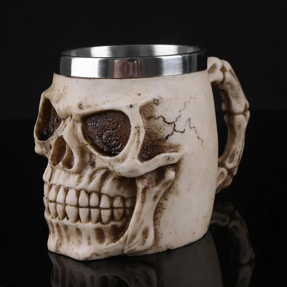 Viking Wood Style Beer Mug, Simulated Wooden Barrel Double Wall Metal Insulated Cup, 1Pc Bar Drinking Mug