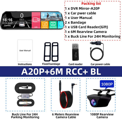 E-ACE 10 Inch Car DVR Mirror Video Recorder 1080P Touch Screen Dashcam For Car AHD Lens Streaming Driving Recorder Dash Camera