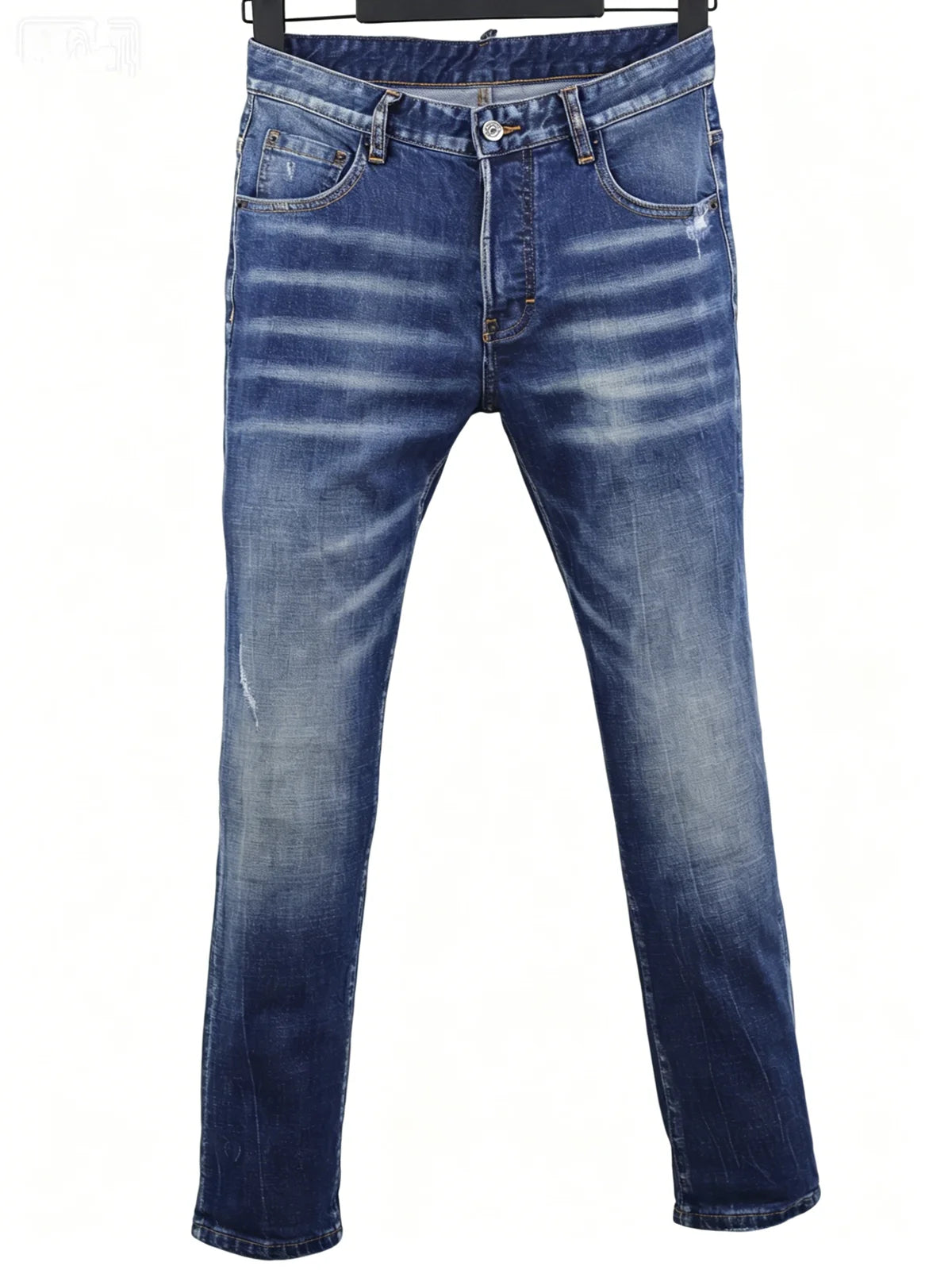 6057 Four Seasons New Men's Wear Washed Ripped Patch Paint Slim-fit Feet Blue Jeans for Men