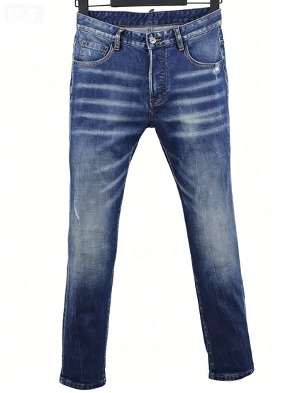 6057 Four Seasons New Men's Wear Washed Ripped Patch Paint Slim-fit Feet Blue Jeans for Men