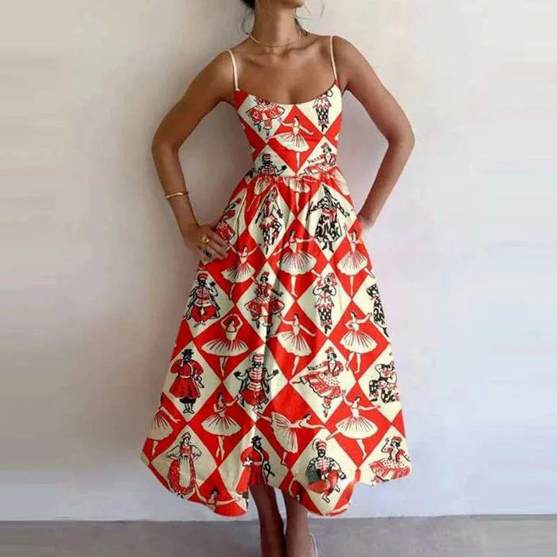 VEITCHE Fashion Women Print Suspenders Blue Ocean Fish Pattern Sexy Long Dress New Spring Summer 2025 Temperament Maxi Dresses