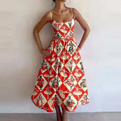 VEITCHE Fashion Women Print Suspenders Blue Ocean Fish Pattern Sexy Long Dress New Spring Summer 2025 Temperament Maxi Dresses