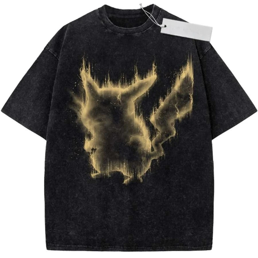 Oversize Vintage Washed Pokemon T Shirt Cute Mimikyu Cartoon with Small Ghost Companion Graffiti Print Streetwear Casual Wear
