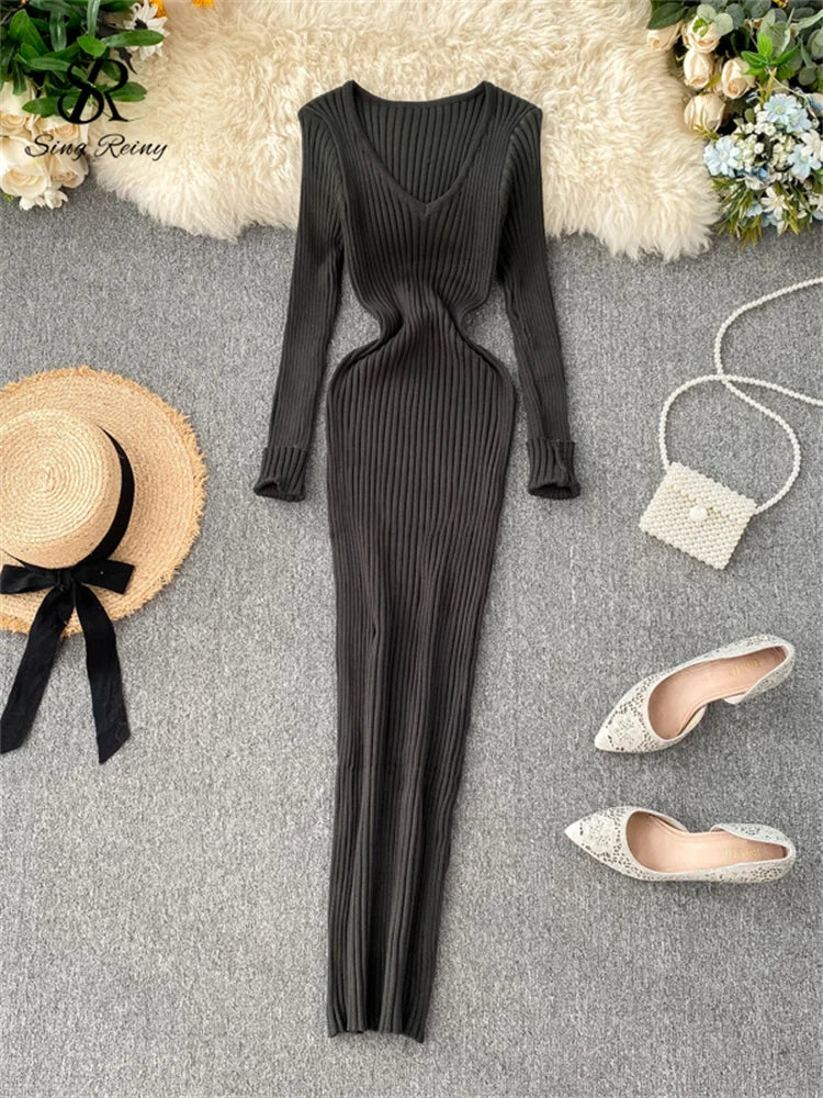 SINGRAIN Women Autumn Knitted Dress V Neck Sexy Slim Elastic Oversized Basic Bodycon Long Dress Winter knit Warm Sweater Dresses