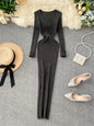 SINGRAIN Women Autumn Knitted Dress V Neck Sexy Slim Elastic Oversized Basic Bodycon Long Dress Winter knit Warm Sweater Dresses