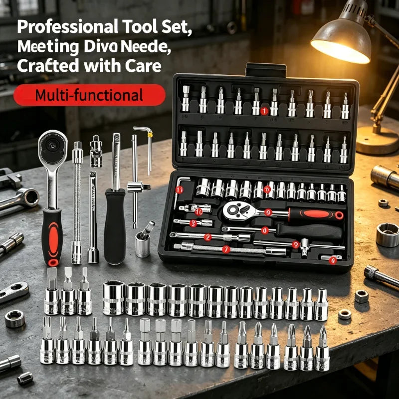 46Pcs 1/4 Inch Socket Tool Kit, Red Ratchet Wrench Combo, Portable Auto Repair Set for Car Maintenance and Mechanic Daily Use