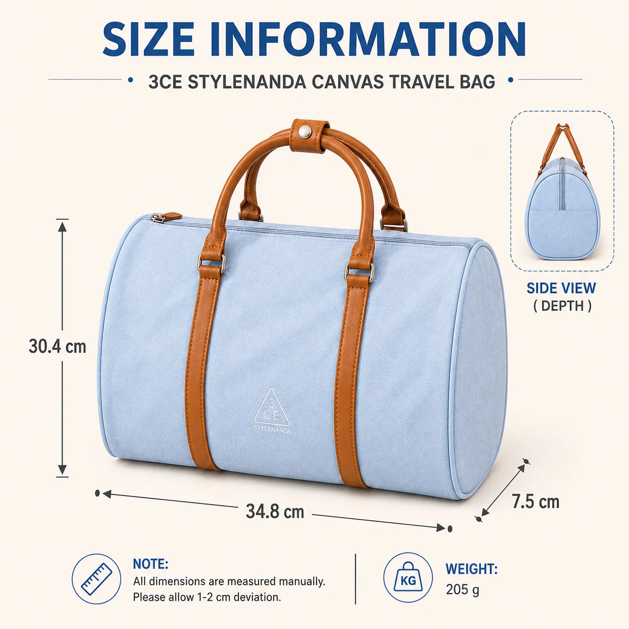 3CE Blue & Brown Color-Block Canvas Travel/Makeup Bag – Suitable for outdoor trips; spacious enough to store various cosmetics