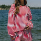 Combhasaki Women 2Piece Striped Y2k Outfits Set Casual Long Sleeve Crew Neck Shirt Tops+Elastic Waist Wide Leg Shorts Tracksuits