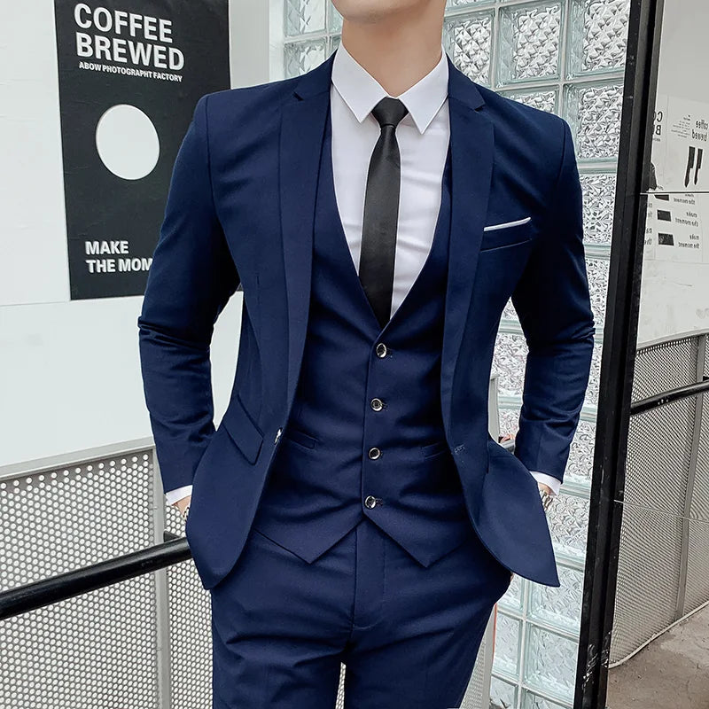 Men's 2025 High-Quality Three-Piece Set Fashionable Cool Versatile Trendy Business Casual Wedding British-Style Suit