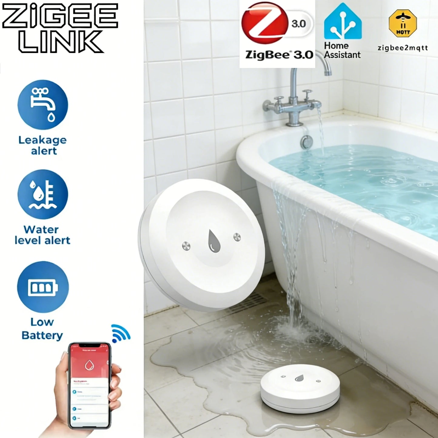 Zigbee Water Leak Sensor Smart Flood Detector App Remote Monitor Smart Life Home Assistant Kitchen Bathroom Security Alarm