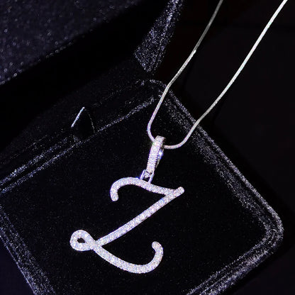 Fashion 26 Cursive Initial Letter Zircon Pendant Necklace For Women Shiny Crystal Alphabet Rope Chain Necklace Hip Hop Jewelry