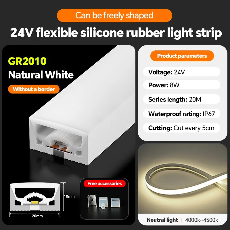 LED flexible silicone light strip embedded 24V waterproof tubing linear lamp concealed installation flexible soft light strip