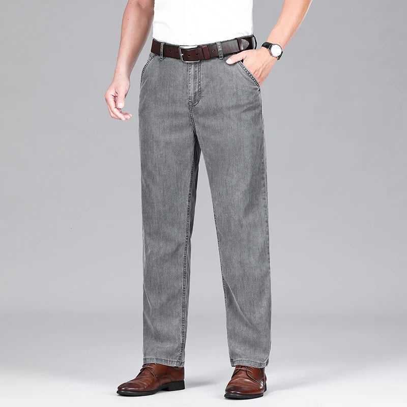 2026 Summer Brand Clothing New Men's Straight Loose Business Casual Lightweight Jeans Classic Embroidered Elastic Denim Pants