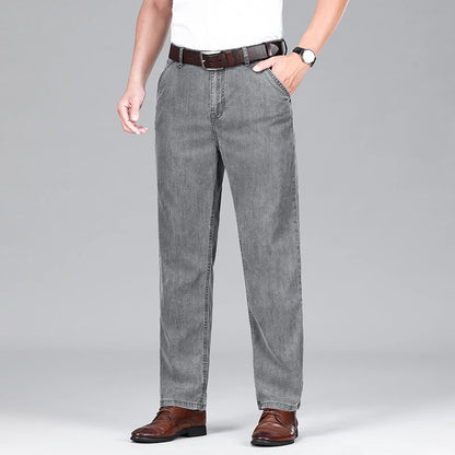 2026 Summer Brand Clothing New Men's Straight Loose Business Casual Lightweight Jeans Classic Embroidered Elastic Denim Pants