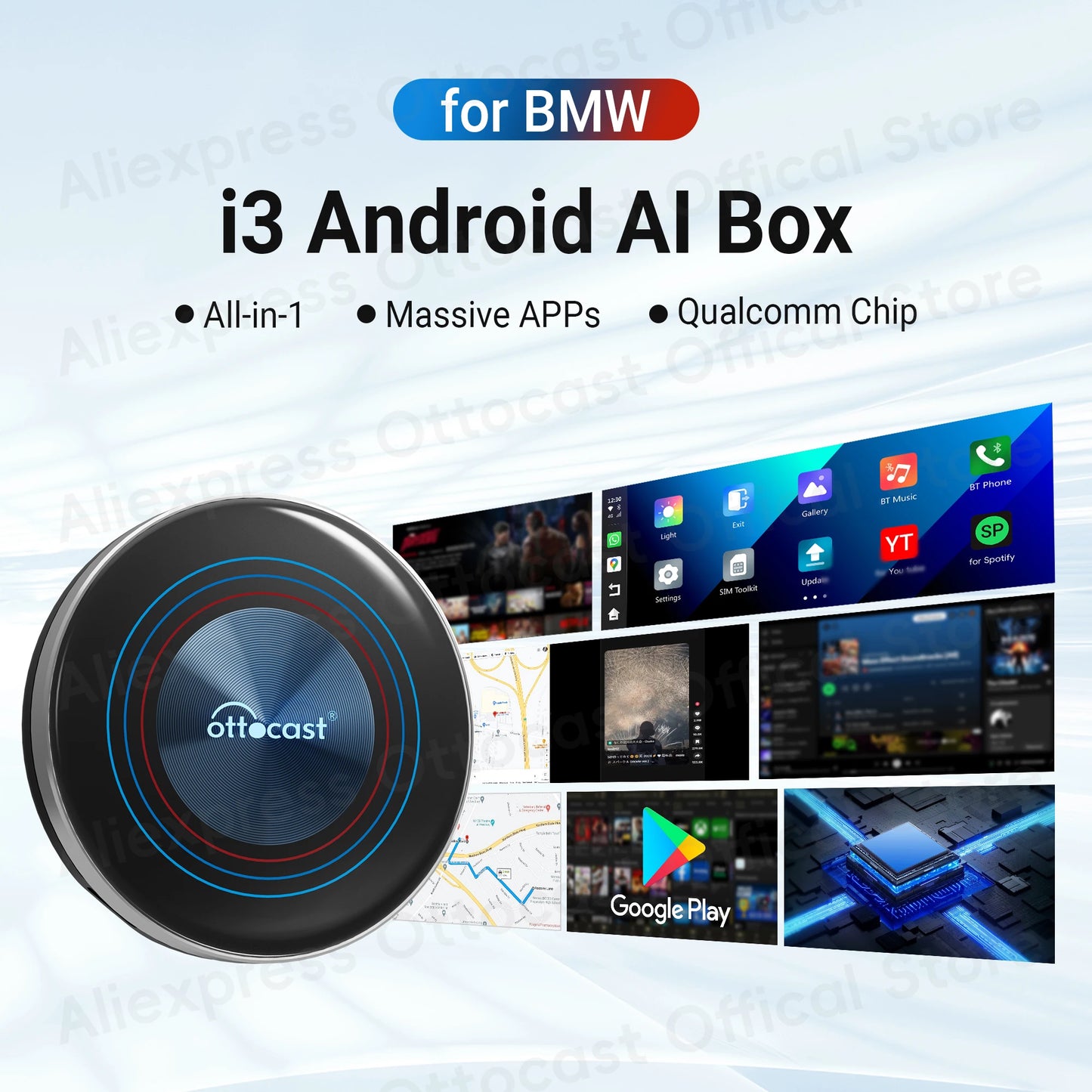OTTOCAST OttoAiBox i3 for Car built in Wireless CarPlay AI Box Android 13 TV Box QCM 6125 for Netflix for BMW Car Accessories