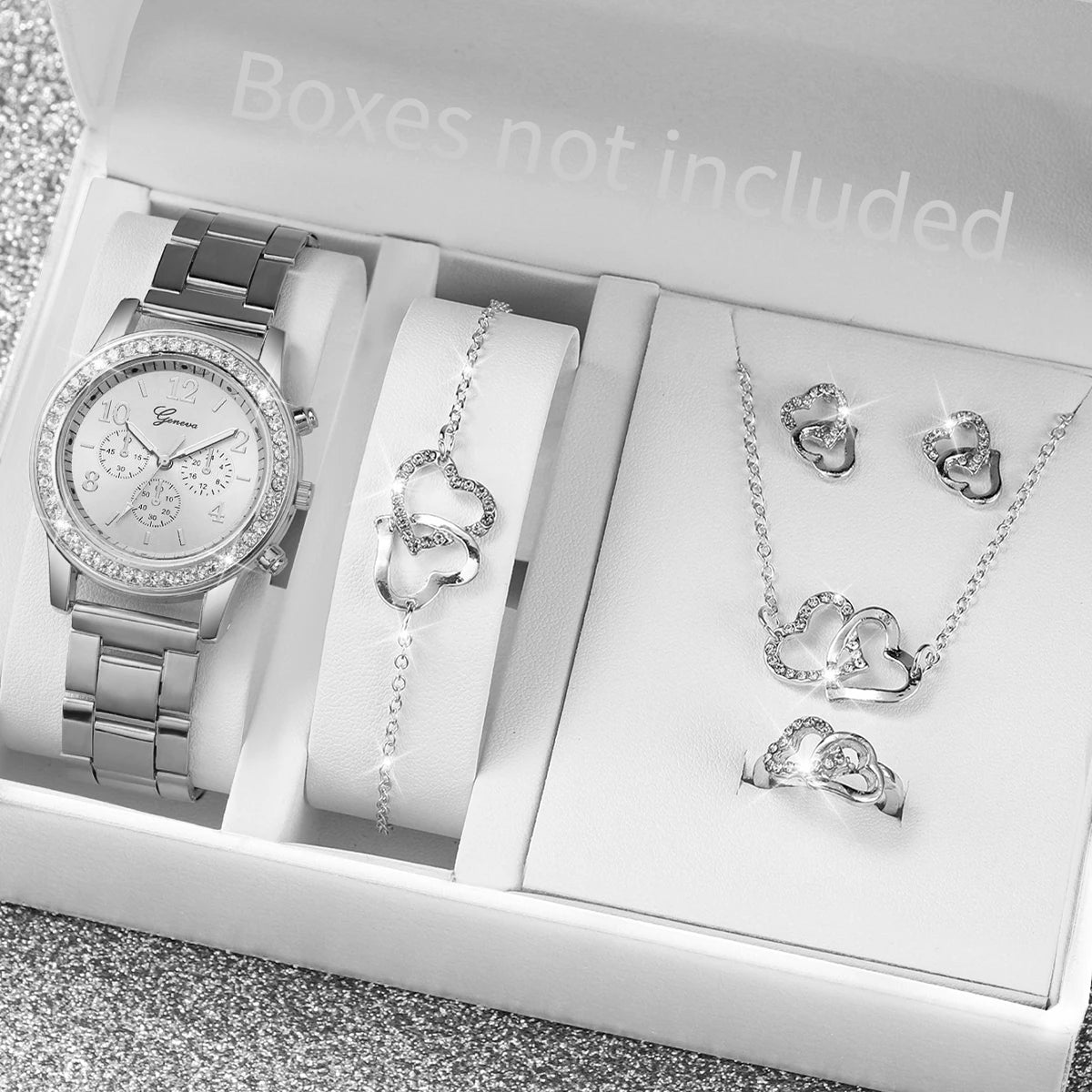 6PCS/Set Women's Watch Fashion Rhinestone Stainless Steel Band Quartz Watch Double Heart Jewelry Set（Without Box）