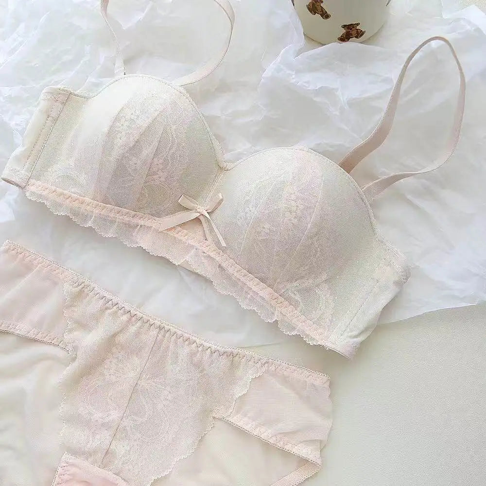 YEMOMO French Style Lace Half Cup Bra Set Wireless Push Up Boost Bust Lift Anti Sagging Elegant Comfortable Lingerie Set Ladies