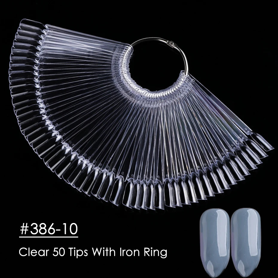 50pcs False Nail Display Tips Clear Nature Color Chart Oval Fan Style UV Gel Polish Swatch Shows Palette Practice Manicure Tools